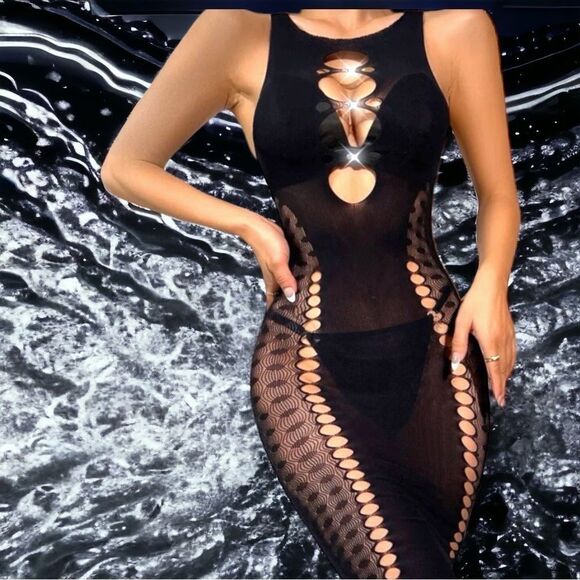 Rhinestone Adorned BodyCon. Cover-up Lingerie Dress l OS l High-stretch l New - Picture 2 of 5